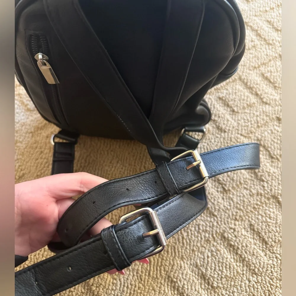 Mini Black Backpack, Faux Leather with Silver Hardware
